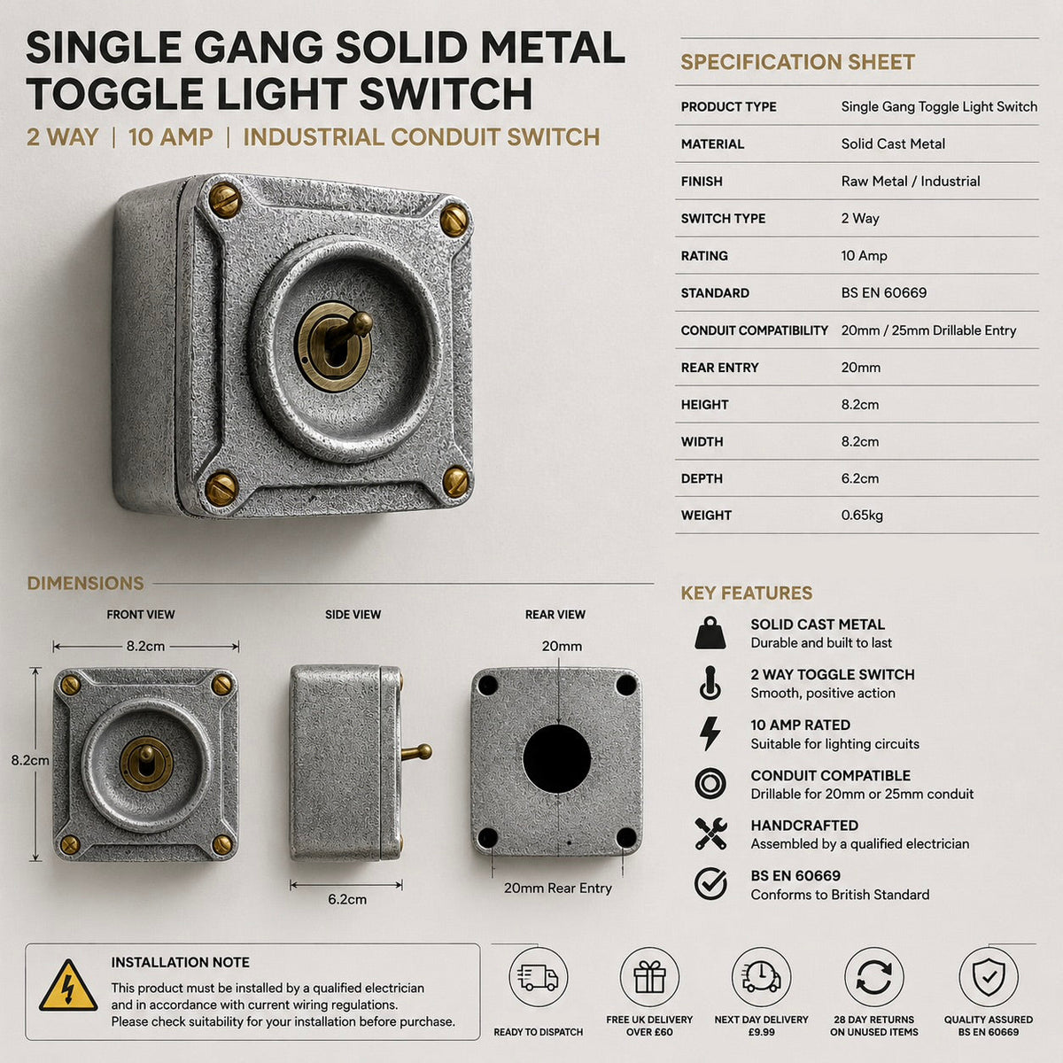 Single Gang Cast Aluminium Conduit Toggle Light Switch | 2 Way 10A