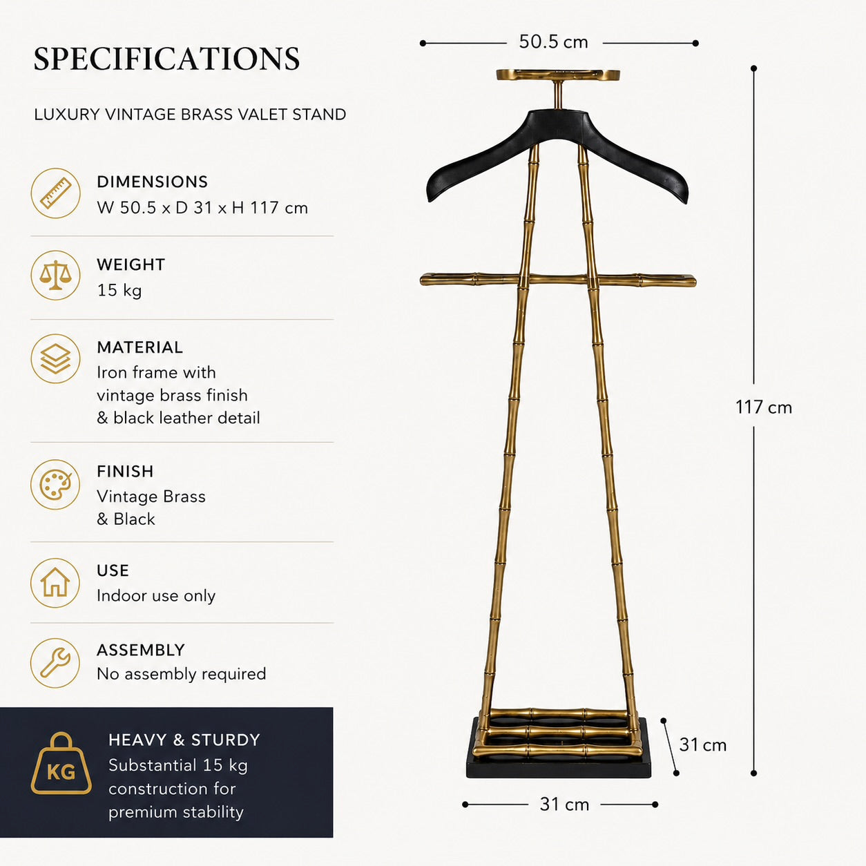 Luxury Dressboy Vintage Brass & Black Leather Valet Suit & Clothes Stand