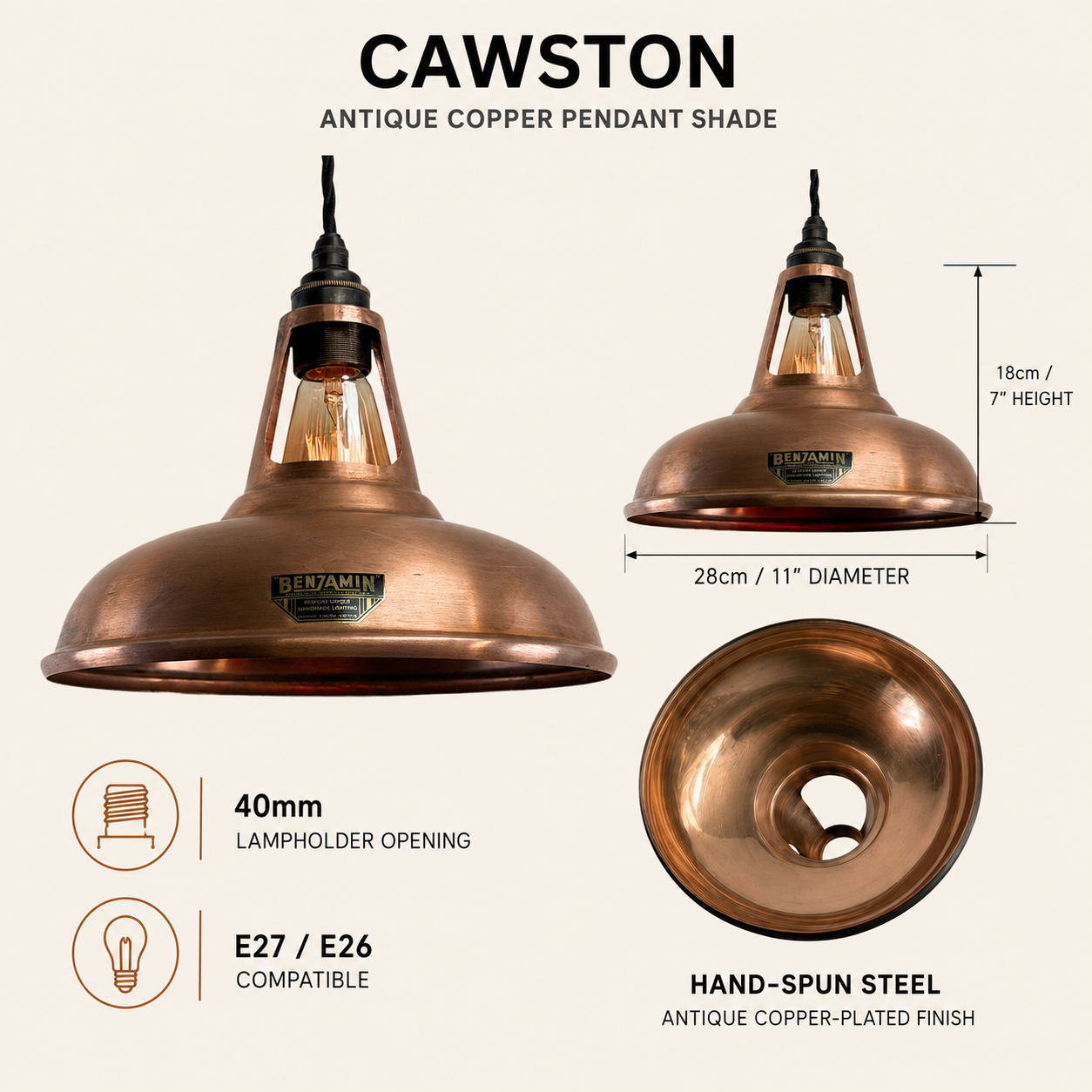 Cawston Antique Copper Coolicon Lampshade Pendant Light - 11 Inch