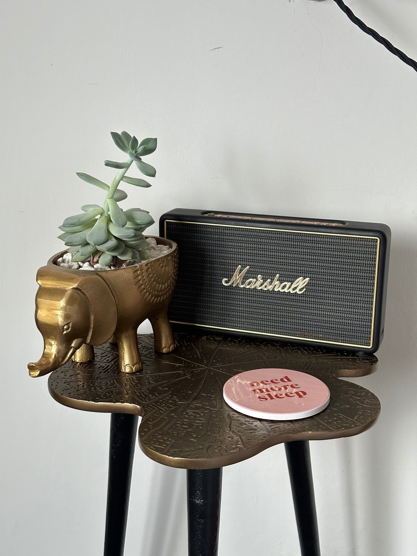 Brass Clover Side Table | Etched Top & Black Iron Legs