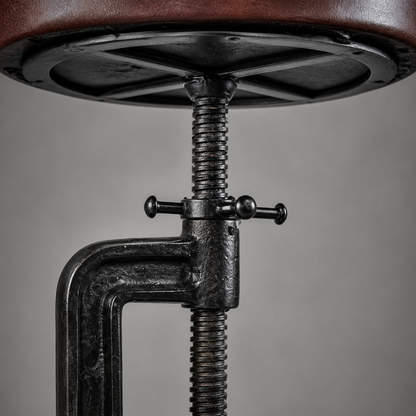 Vice Clamp Adjustable Stool | Cast Iron Industrial Seat | Leather Top