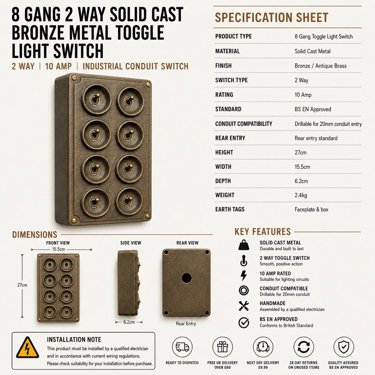 8 Gang 2 Way Antique Brass Cast Metal Toggle Light Switch