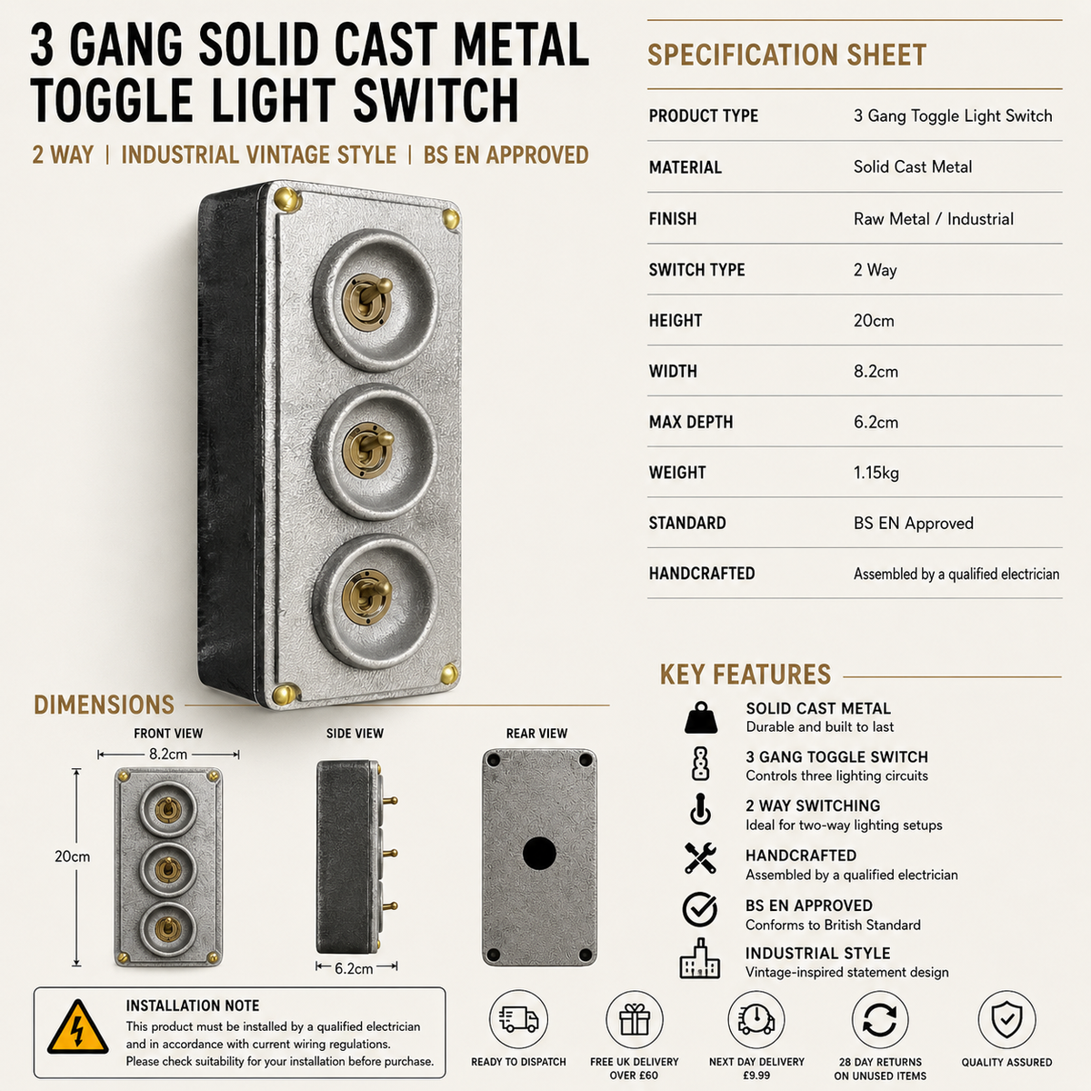3 Gang 2 Way Solid Cast Metal Toggle Light Switch | Industrial Vintage Surface Mounted *Factory Second*