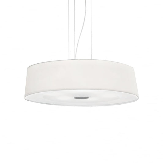 French white drum pendant light with six lights, modern Zen-inspired design by ideas4lighting, hanging fixture for contemporary interiors.