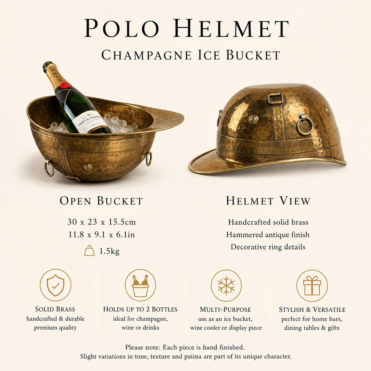 Solid Brass Polo Helmet Champagne Ice Bucket | Antique Brass Wine Cooler