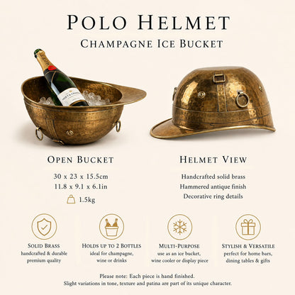 Solid Brass Polo Helmet Champagne Ice Bucket | Antique Brass Wine Cooler