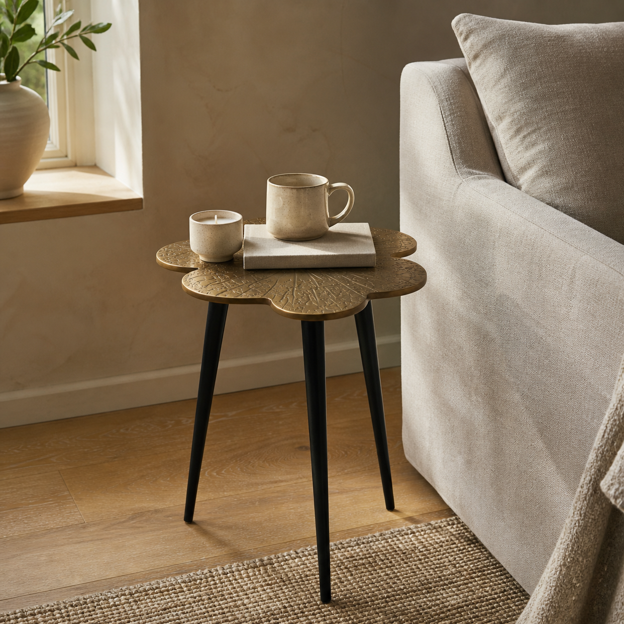 Brass Clover Side Table | Etched Top & Black Iron Legs