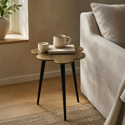 Brass Clover Side Table | Etched Top & Black Iron Legs