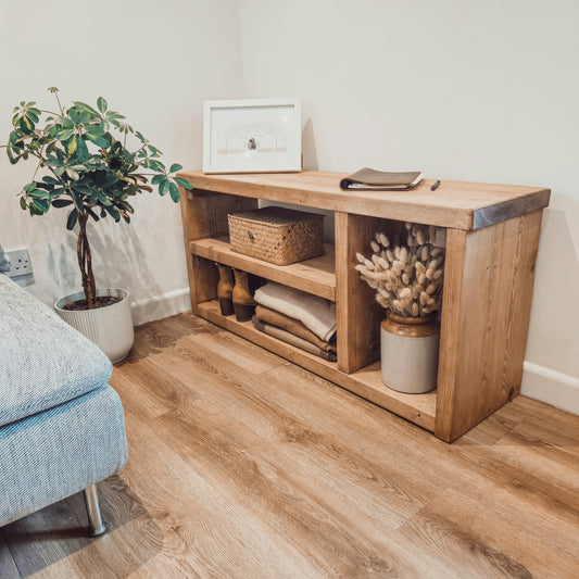 Rustic solid wood IVARA storage unit by Tribe Joinery with shelves for books, toys, shoes, and living room organization.