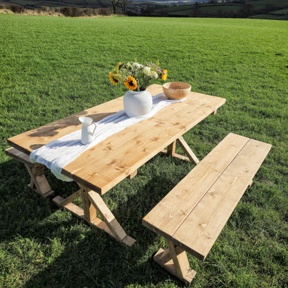 Outdoor Table With Timber Cross Legs and Bench