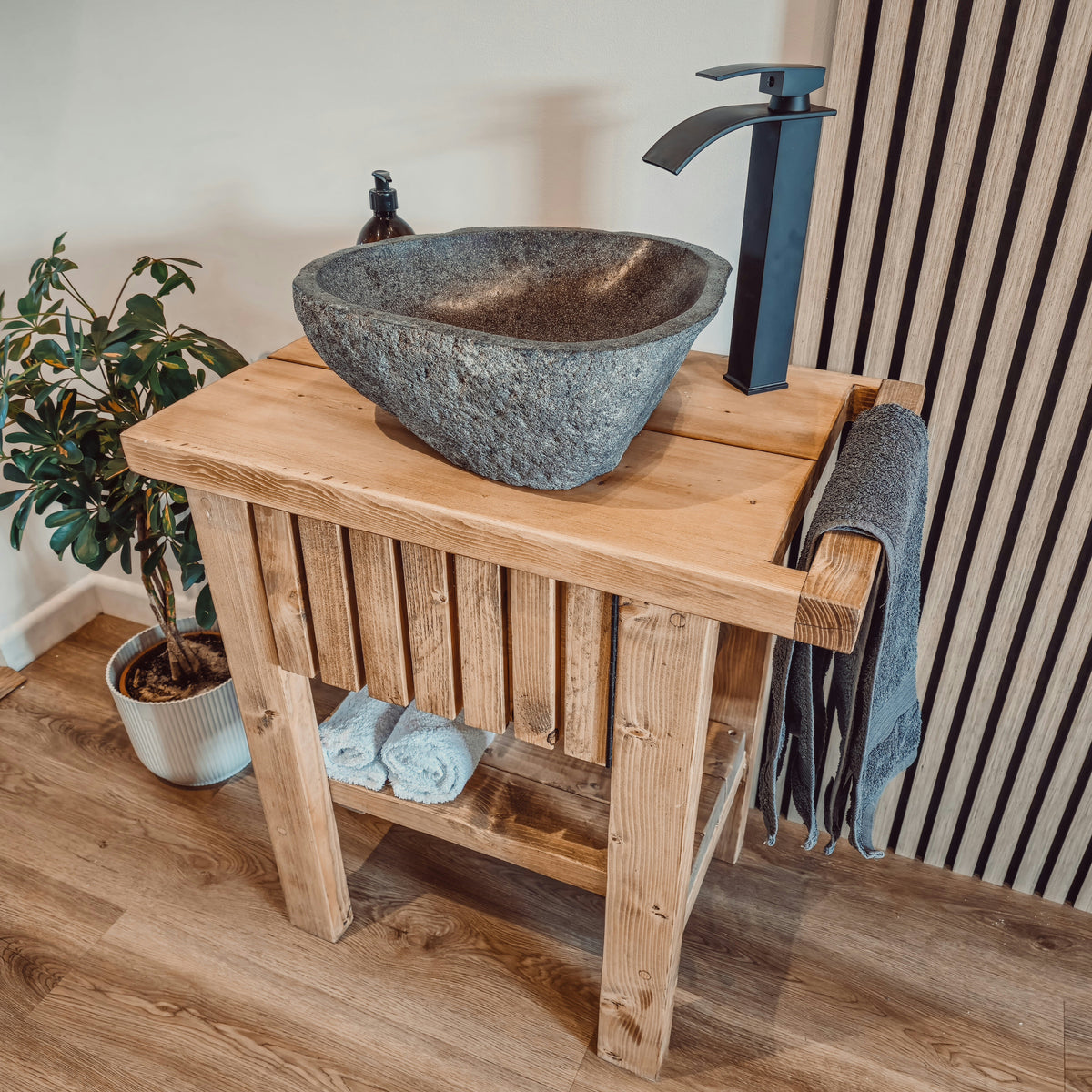 BUTLER Wooden Vanity and Shelf Storage with Stone Sink | Tribe Joinery