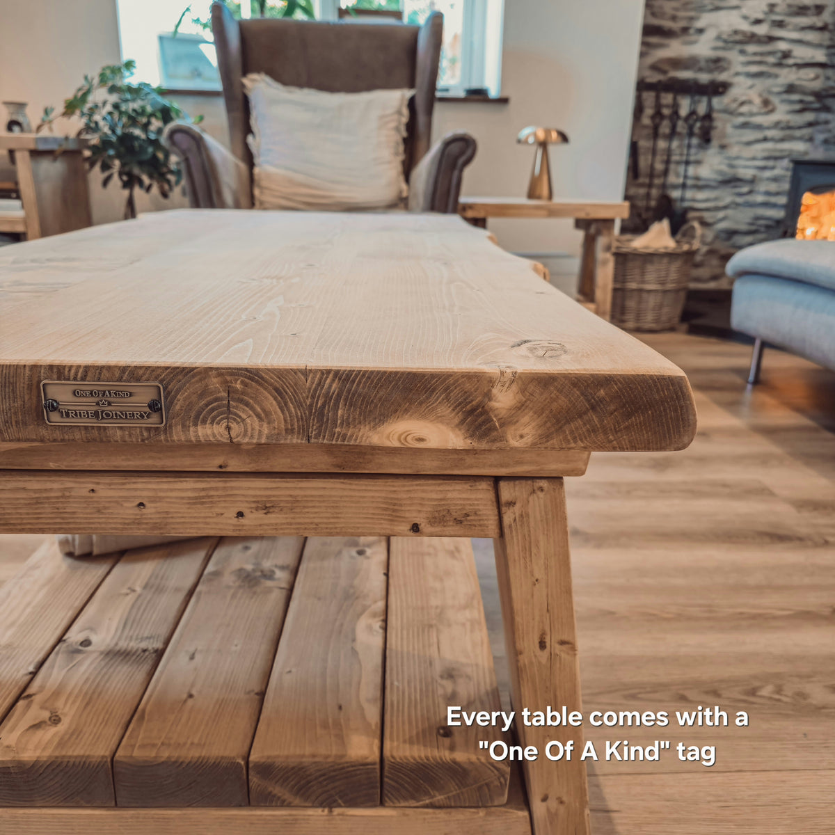 Cara Live Edge Rustic Wooden Coffee Table With Shelf