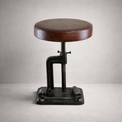 Vice Clamp Adjustable Stool | Cast Iron Industrial Seat | Leather Top