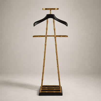 Luxury Dressboy Vintage Brass & Black Leather Valet Suit & Clothes Stand