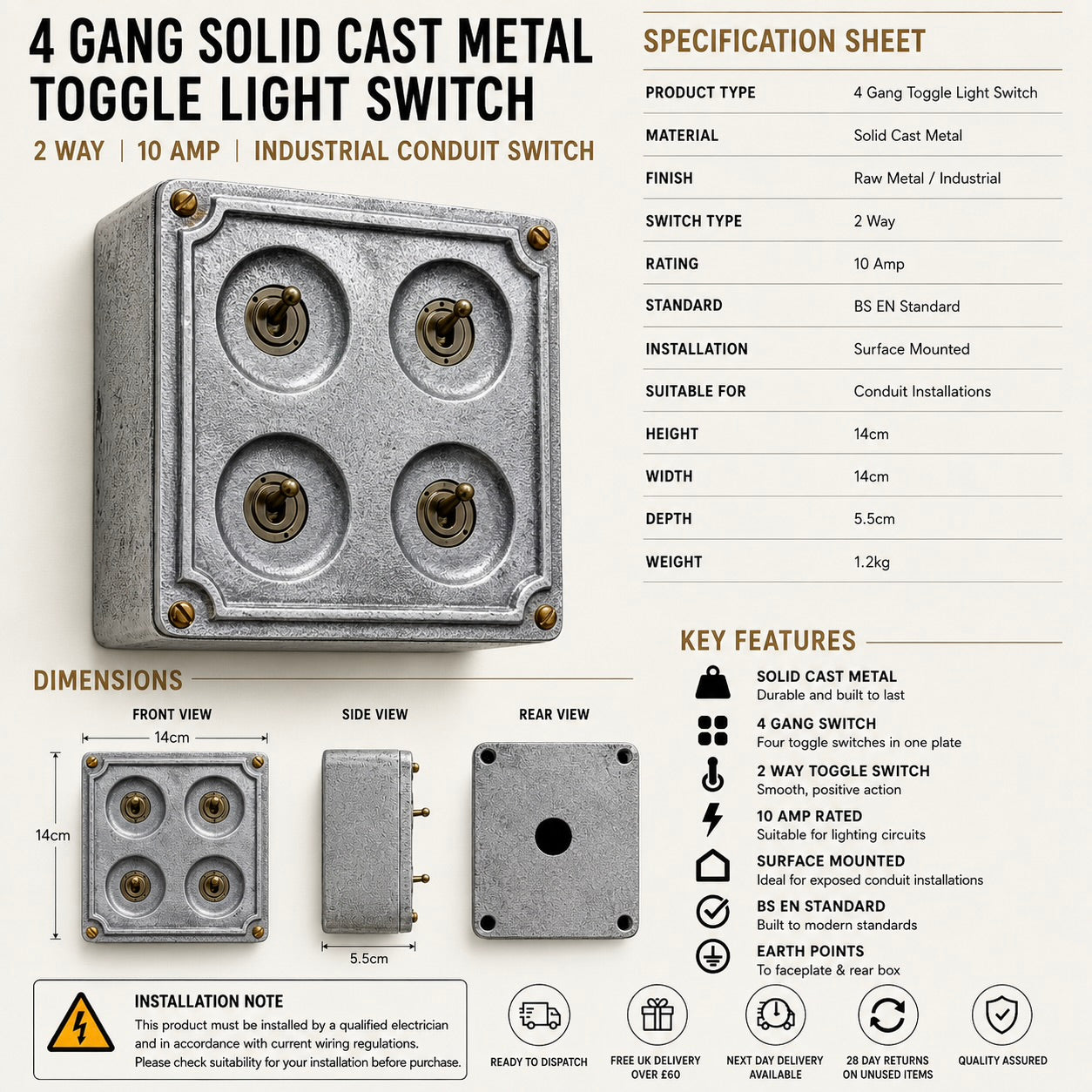 4 Gang 2 Way Solid Cast Metal Conduit Light Toggle Switch | Surface Mounted