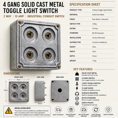 4 Gang 2 Way Solid Cast Metal Conduit Light Toggle Switch | Surface Mounted