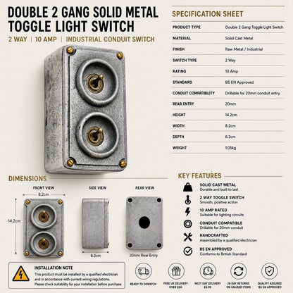 Double 2 Gang Cast Metal Light Switch | Industrial 2 Way Toggle Switch | Vintage Crabtree Style