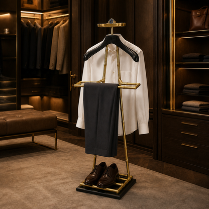 Luxury Dressboy Vintage Brass & Black Leather Valet Suit & Clothes Stand