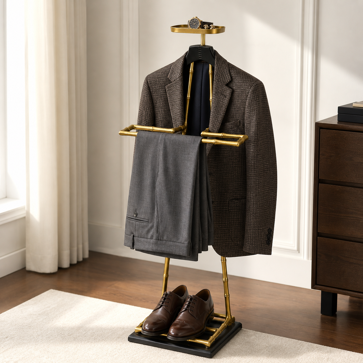 Luxury Dressboy Vintage Brass & Black Leather Valet Suit & Clothes Stand
