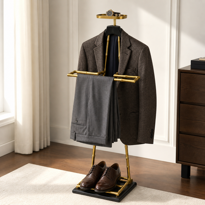 Luxury Dressboy Vintage Brass & Black Leather Valet Suit & Clothes Stand
