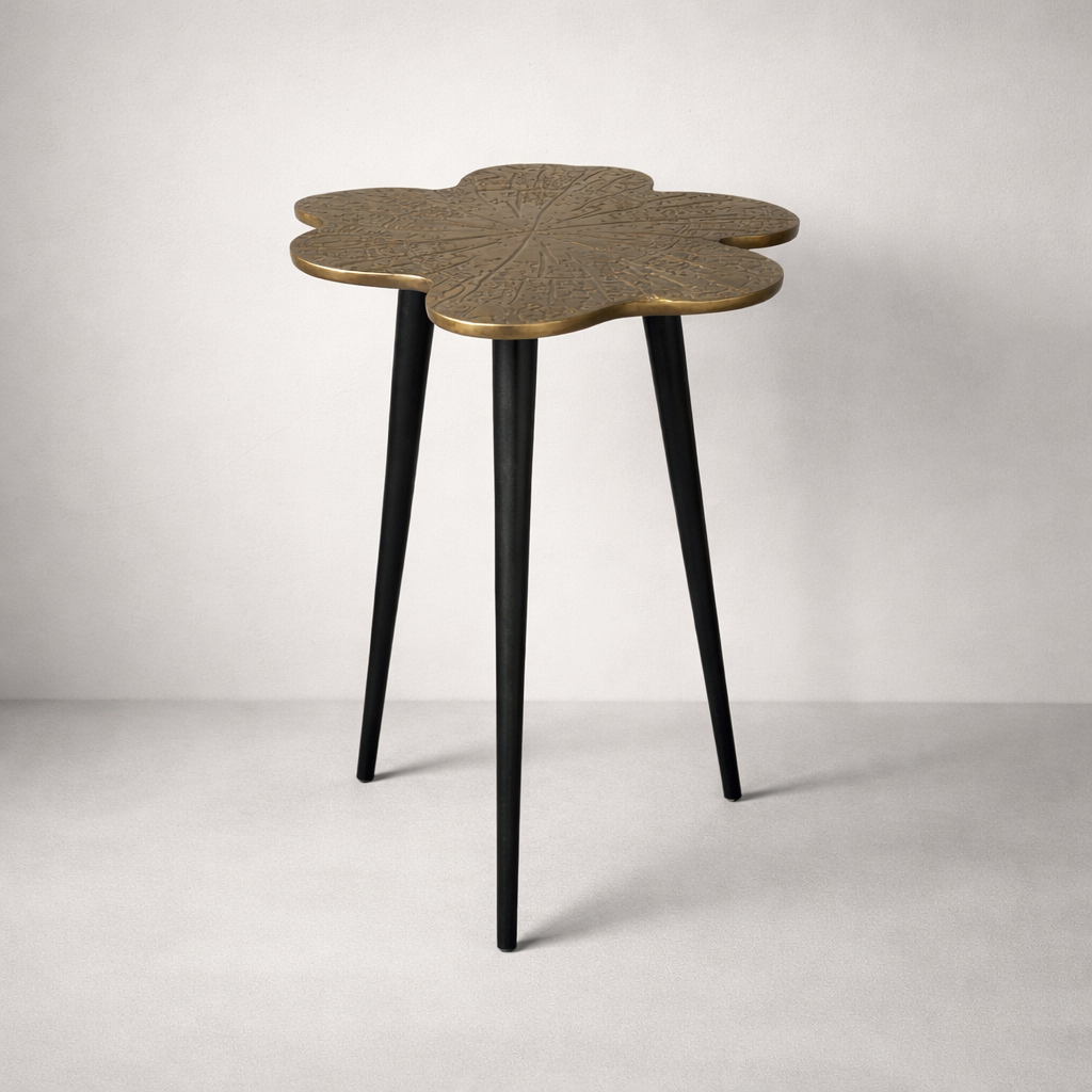 Brass Clover Side Table | Etched Top & Black Iron Legs