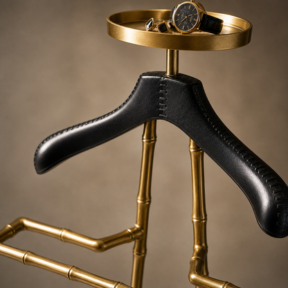 Luxury Dressboy Vintage Brass & Black Leather Valet Suit & Clothes Stand