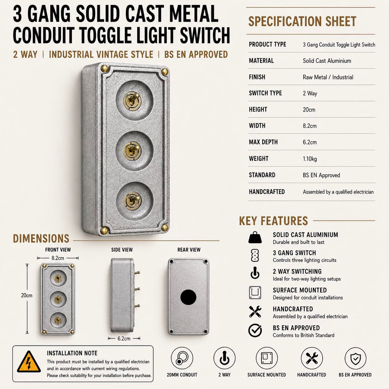 3 Gang 2 Way Solid Cast Metal Conduit Toggle Light Switch