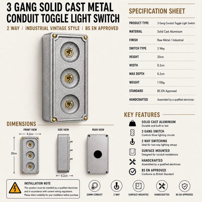 3 Gang 2 Way Solid Cast Metal Conduit Toggle Light Switch