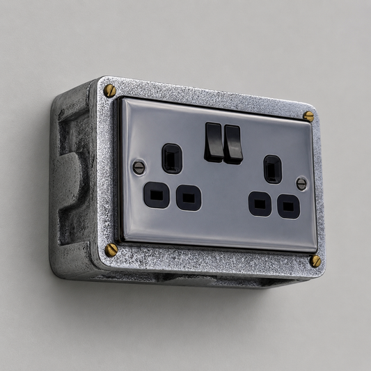 Black Nickel Double Switched 13A Socket | 2 Gang Solid Cast Metal Industrial Power Socket