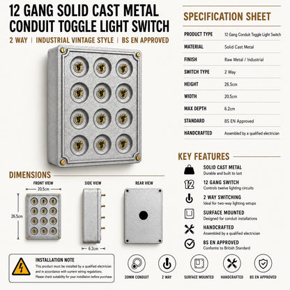 12 Gang 2 Way Solid Cast Metal Conduit Toggle Light Switch