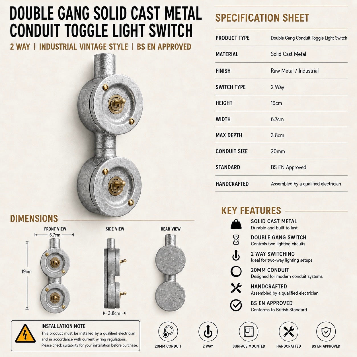 Double Gang Solid Cast Conduit Light Switch | 2 Way Industrial Vintage Style