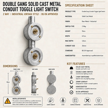 Double Gang Solid Cast Conduit Light Switch | 2 Way Industrial Vintage Style