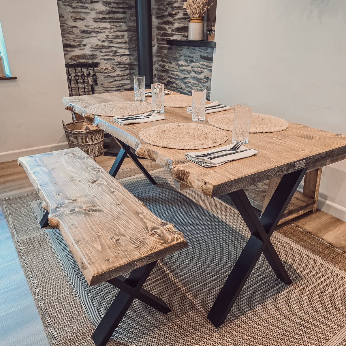 Live / Waney Edge Dining Table With X Cross Metal Legs