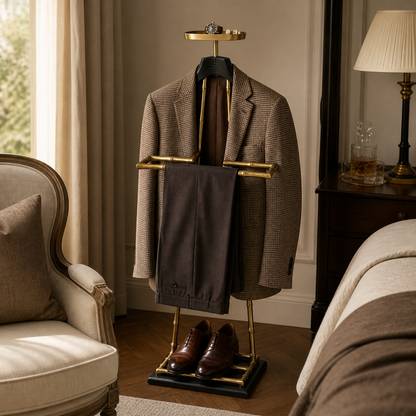 Luxury Dressboy Vintage Brass & Black Leather Valet Suit & Clothes Stand