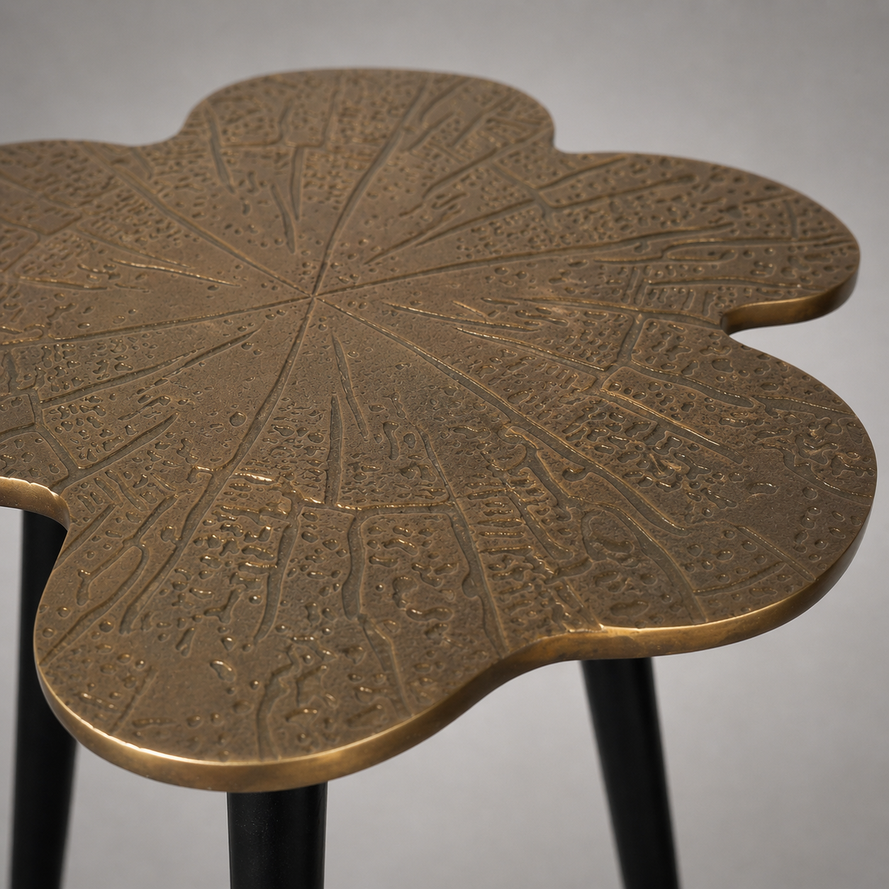 Brass Clover Side Table | Etched Top & Black Iron Legs
