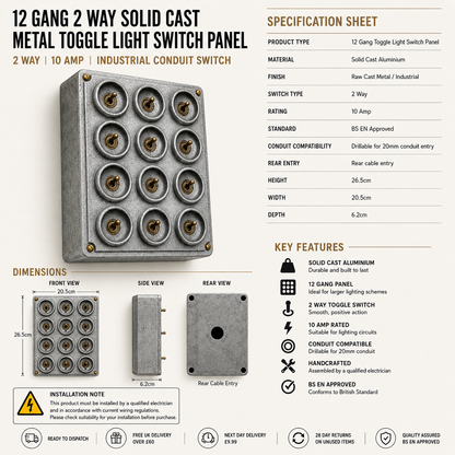 12 Gang 2 Way Cast Aluminium Industrial Toggle Switch Light Panel