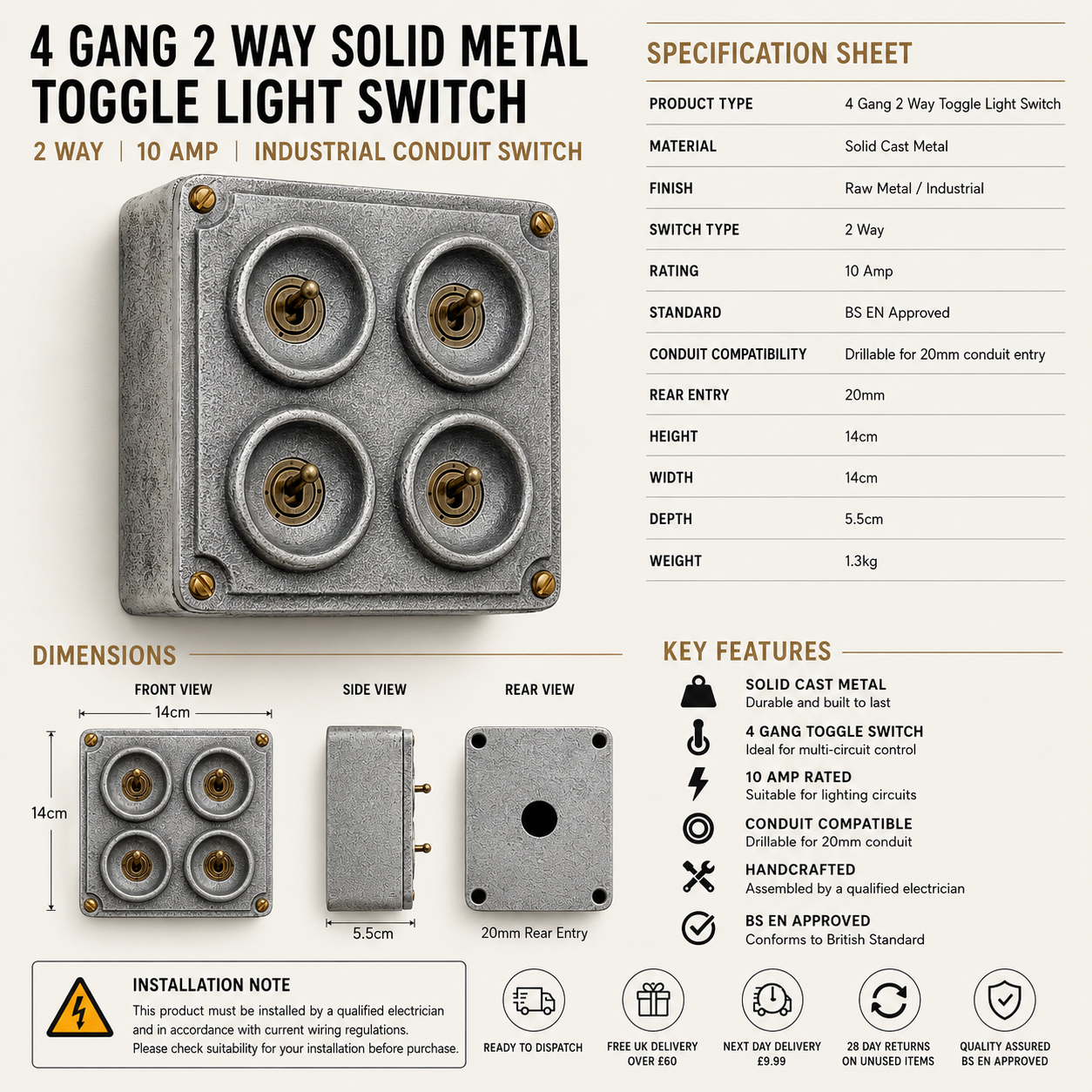 4 Gang 2 Way Solid Cast Metal Conduit Light Switch Industrial