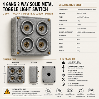 4 Gang 2 Way Solid Cast Metal Conduit Light Switch Industrial