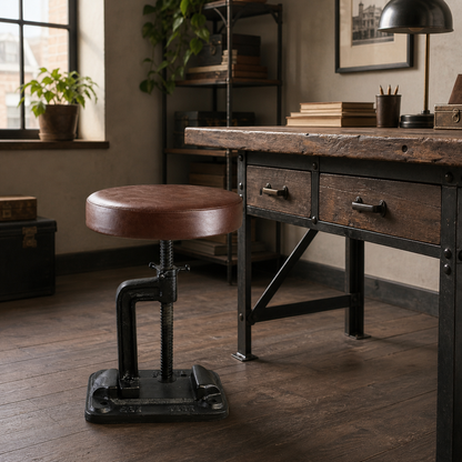 Vice Clamp Adjustable Stool | Cast Iron Industrial Seat | Leather Top