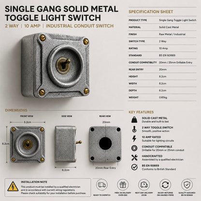 Single Gang Cast Aluminium Conduit Toggle Light Switch | 2 Way 10A