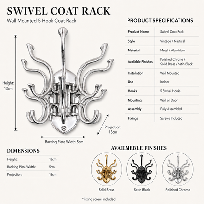 Metal Swivel Coat Rack | 5 Hook Wall Hanger | Solid Brass, Black or Chrome