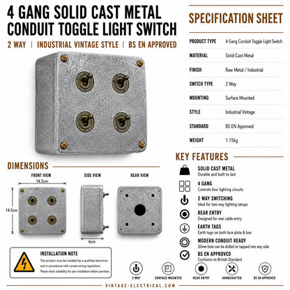 4 Gang 2 Way Solid Cast Metal Conduit Light Switch | Vintage Industrial Style
