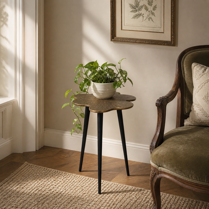 Brass Clover Side Table | Etched Top & Black Iron Legs