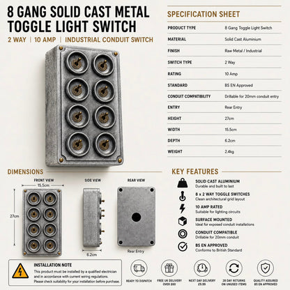 8 Gang 2 Way Toggle Light Switch | Cast Aluminium Surface Mounted