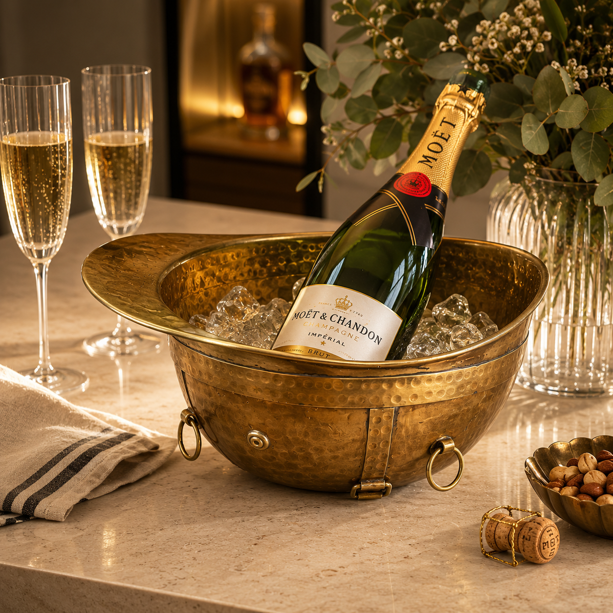 Solid Brass Polo Helmet Champagne Ice Bucket | Antique Brass Wine Cooler