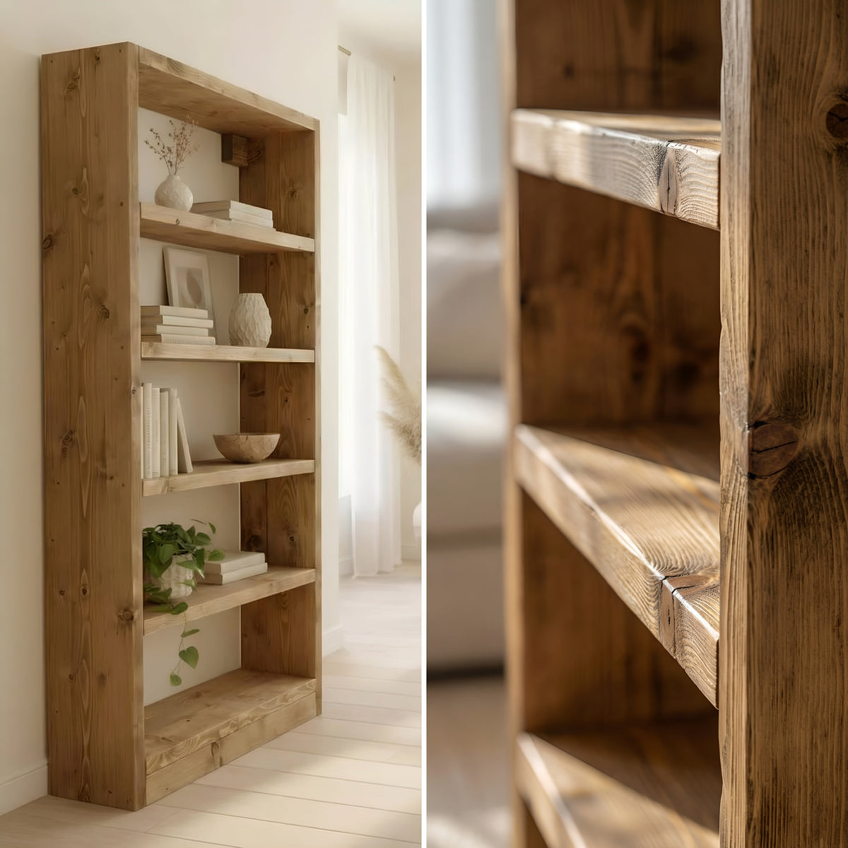 Solid Wood Bookshelf – Natural Finish Open Bookcase, Rustic Scandinavian Design