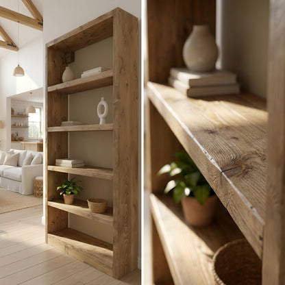Solid Wood Bookshelf – Natural Finish Open Bookcase, Rustic Scandinavian Design