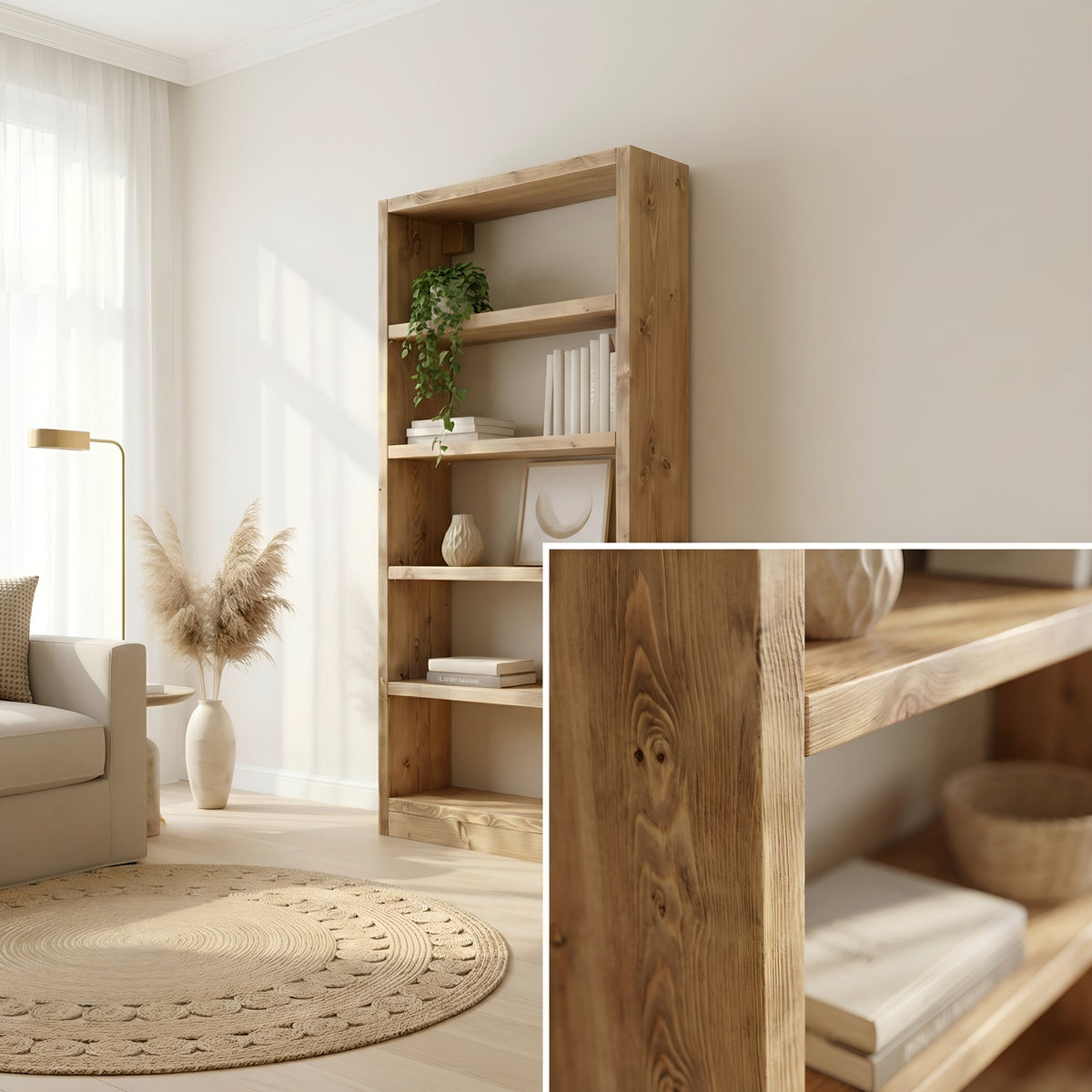 Solid Wood Bookshelf – Natural Finish Open Bookcase, Rustic Scandinavian Design