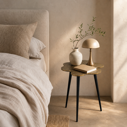 Brass Clover Side Table | Etched Top & Black Iron Legs