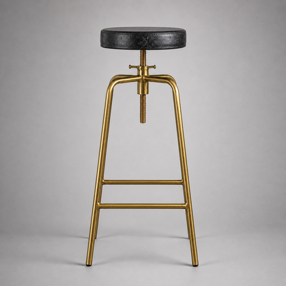 Antique Brass & Black Leather Adjustable Bar Stool